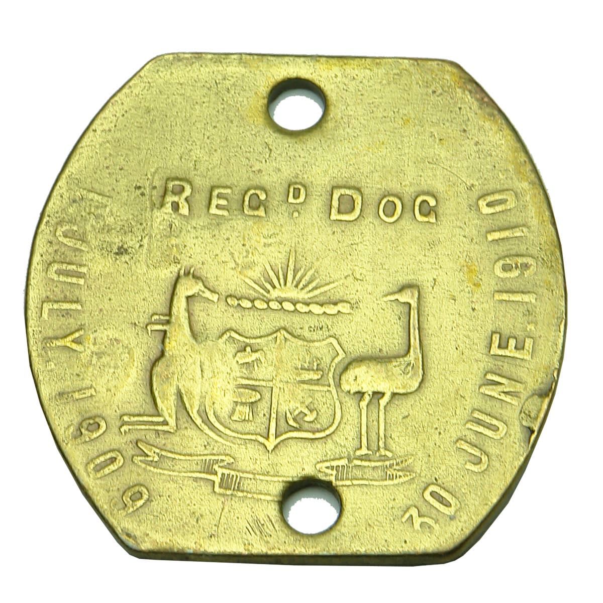 Metalware. South Australian Registered Dog Tag with Australian Coat of Arms, 1 July 1909 - 30 June 1910, Reg No 411, Dist. 150. Oval Shape With Flat Ends. (South Australia)