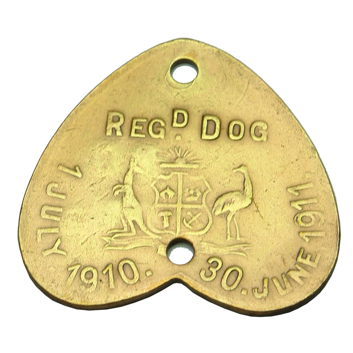 Metalware. South Australian Registered Dog Tag with Australian Coat of Arms, 1 July 1910 - 30 June 1911, Reg No 35, Dist. 210. Upside Down Embossing on Heart Shape. (South Australia)