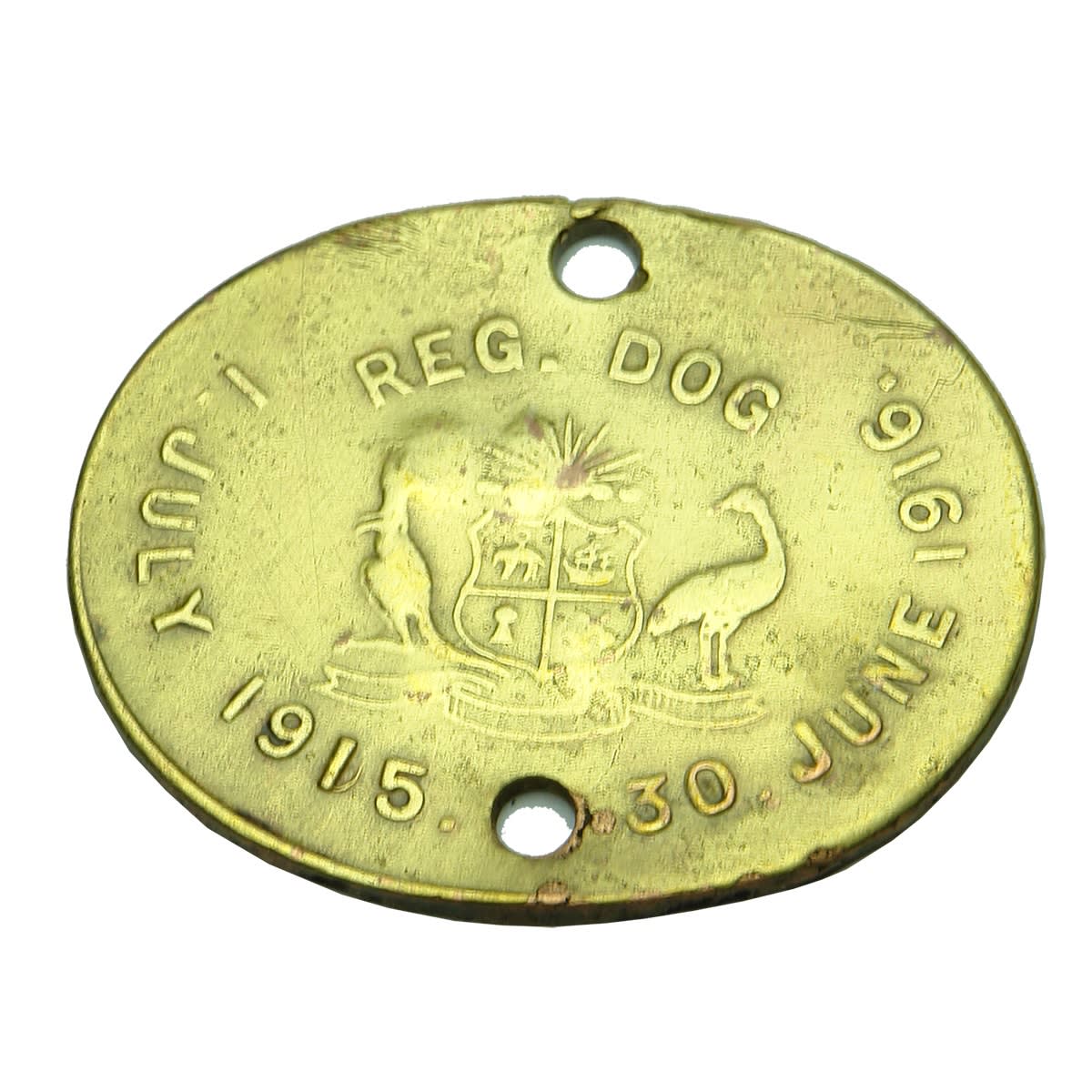 Metalware. South Australian Registered Dog Tag with Australian Coat of Arms, 1 July 1915 - 30 June 1916, Reg No 20, Dist. 24. Horizontal Embossing on Oval Shape. (South Australia)