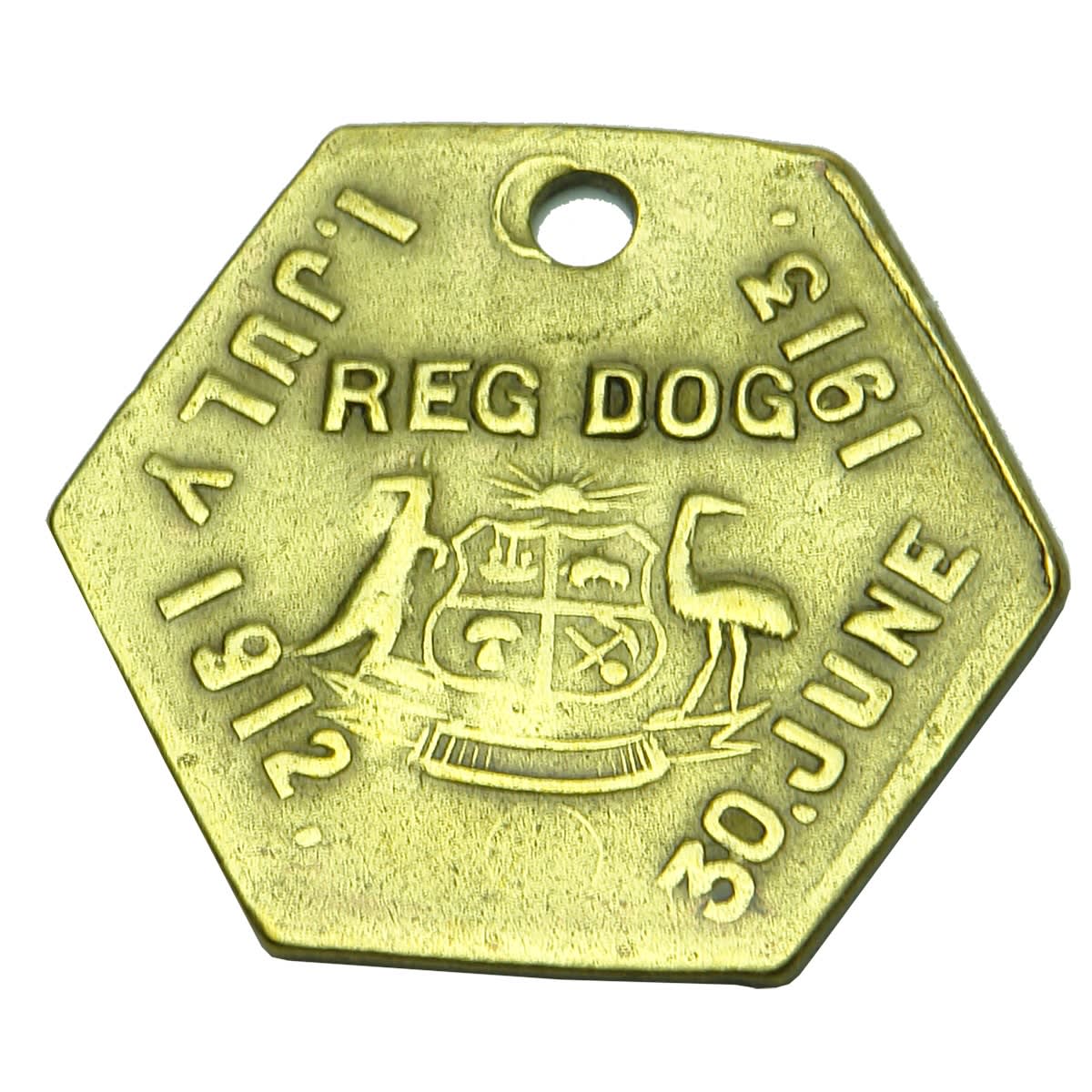 Metalware. South Australian Registered Dog Tag with Australian Coat of Arms, 1 July 1912 - 30 June 1913, Reg No 1, Dist. 24. Hexagonal Shape. (South Australia)