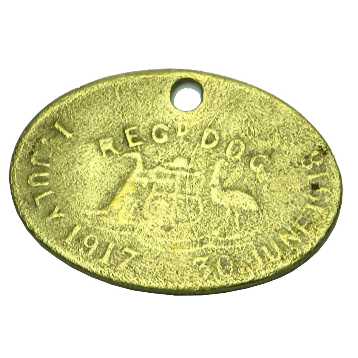 Metalware. South Australian Registered Dog Tag with Australian Coat of Arms, 1 July 1917 - 30 June 1918, Reg No 5, Dist. 220. Horizontal Embossing on Small Oval Shape. (South Australia)