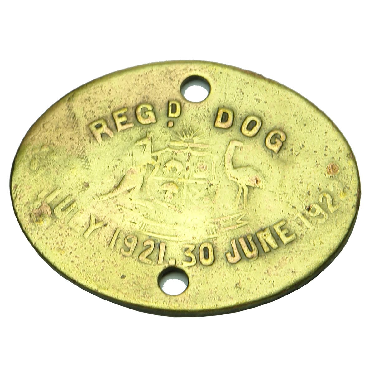 Metalware. South Australian Registered Dog Tag with Australian Coat of Arms, 1 July 1921 - 30 June 1922, Reg No 9, Dist. 220. Horizontal Embossing on Oval Shape. (South Australia)
