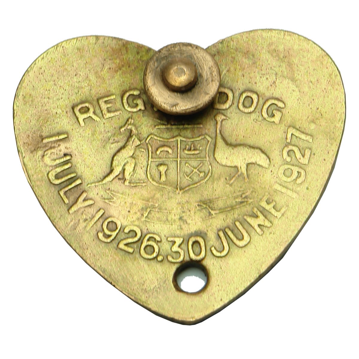 Metalware. South Australian Registered Dog Tag with Australian Coat of Arms, 1 July 1926 - 30 June 1927, Reg No 27, Dist. 193. Upright Embossing on Heart Shape. (South Australia)