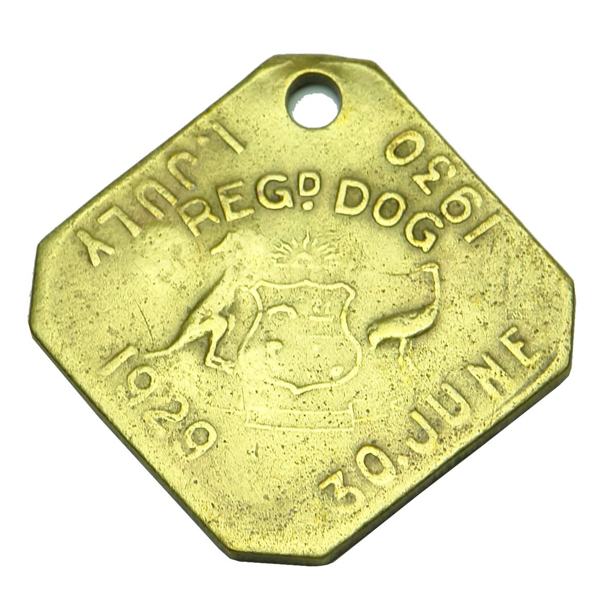 Metalware. South Australian Registered Dog Tag with Australian Coat of Arms, 1 July 1929 - 30 June 1930, Reg No 20, Dist. 24. Diamond Shape With Flat Corners. (South Australia)