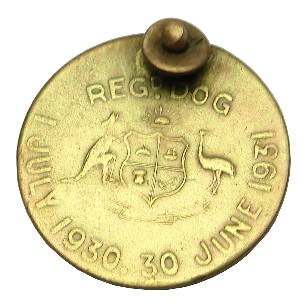 Metalware. South Australian Registered Dog Tag with Australian Coat of Arms, 1 July 1930 - 30 June 1931, Reg No 14, Dist. 193. Round Shape. (South Australia)