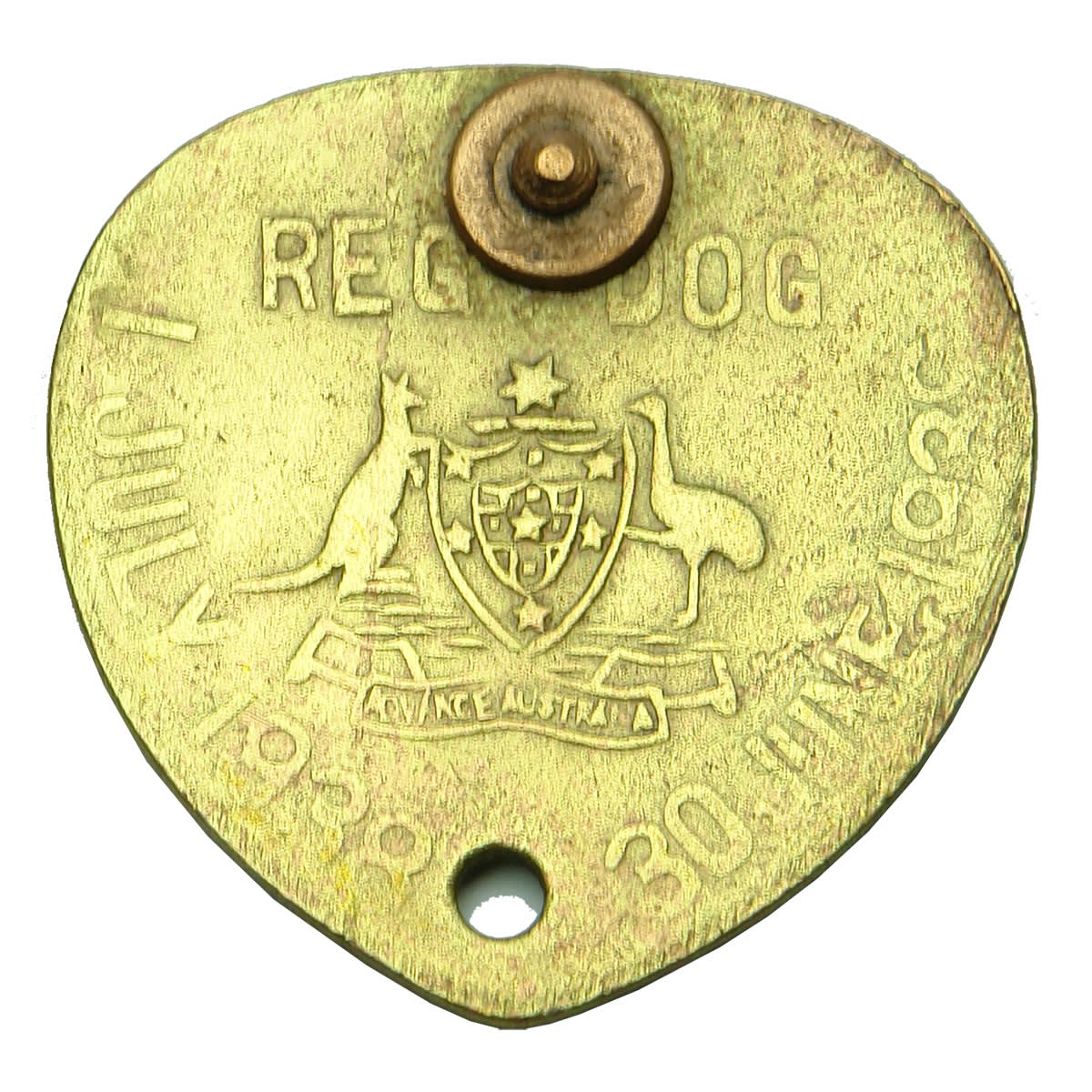 Metalware. South Australian Registered Dog Tag with Australian Coat of Arms, 1 July 1938 - 30 June 1939, Reg No 60, Dist. No 220. Flattened Heart Shape. (South Australia)