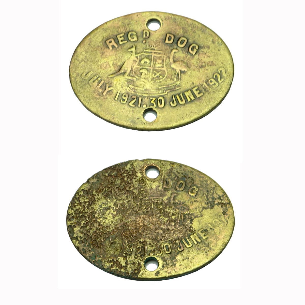 2 Metalware Pieces. Both: South Australian Registered Dog Tag with Australian Coat of Arms, 1 July 1921 - 30 June 1922, Reg No 38, Dist. 220 and Reg No 1, Dist. 220. Horizontal Embossing on Oval Shape. (South Australia)