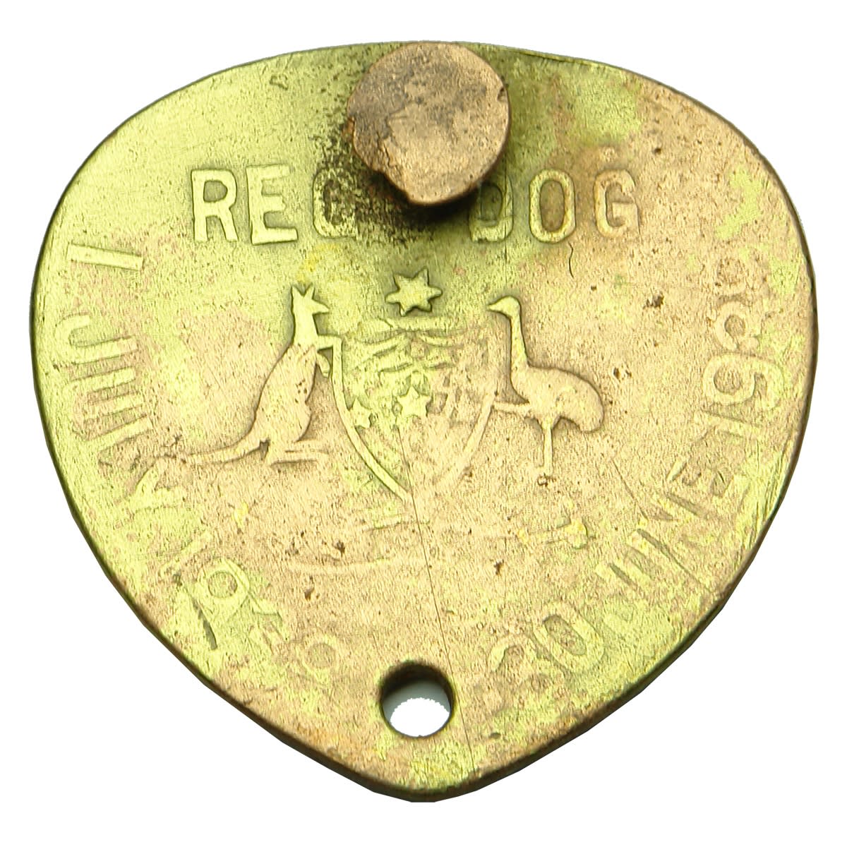 Metalware. South Australian Registered Dog Tag with Australian Coat of Arms, 1 July 1938 - 30 June 1939, Reg No 62, Dist. No 220. Flattened Heart Shape. (South Australia)
