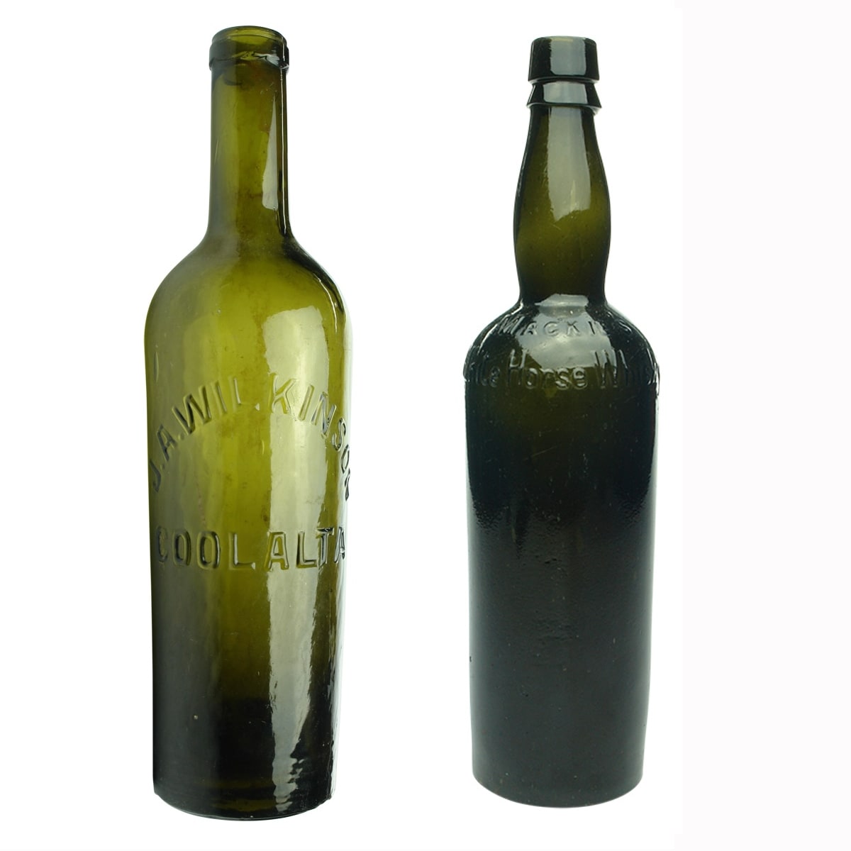 2 Liquor Bottles: J. A. Wilkinson Coolalta wine and Mackie's White Horse Whisky.