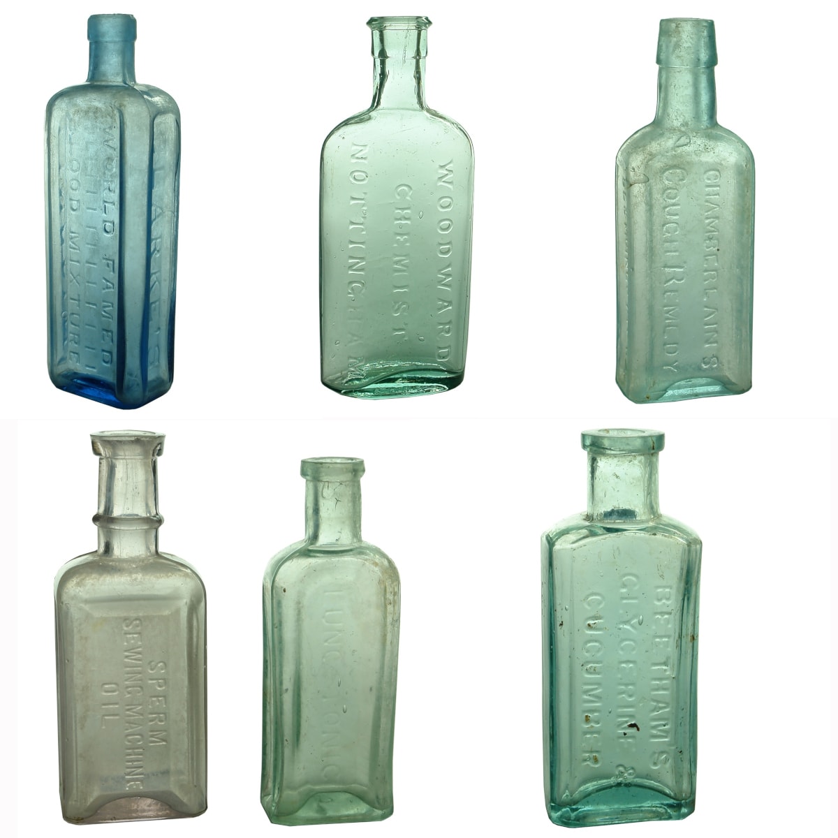6 Small Bottles: Clarke's Blood Mixture; Woodward Nottingham; Chamberlain's Cough Remedy; Owbridge's Lung Tonic; Sperm Sewing Machine Oil; Beetham's Glycerine & Cucumber.