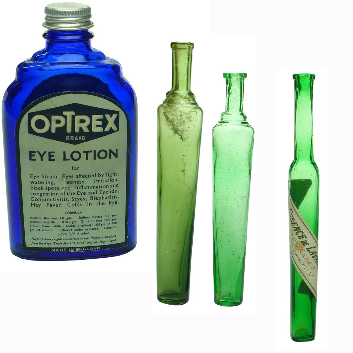 Miscellaneous. 1. Optrex Eye Lotion bottle with labels. Cobalt. 2. Lavendar Water. Green. Larger size. 3. Lavendar Water. Green. Smaller size. 4. Square labelled Lavendar Water, Essence de Lavande, Gelle Freres, Paris,