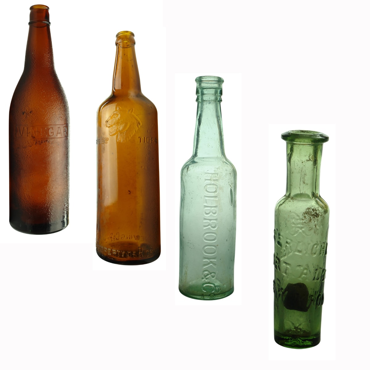 Miscellaneous. 1. Later generic vinegar. Amber. 26 oz. 2. Richmond N. S. Brewing Co, Tiger's Head Beer. Crown Seal. Amber. Shouldered. 26 oz. 3. Holbrook & Co. Hot Sauce. Aqua. 13 oz. 4. Altona Drops, Kronessents. Green. 1 oz.