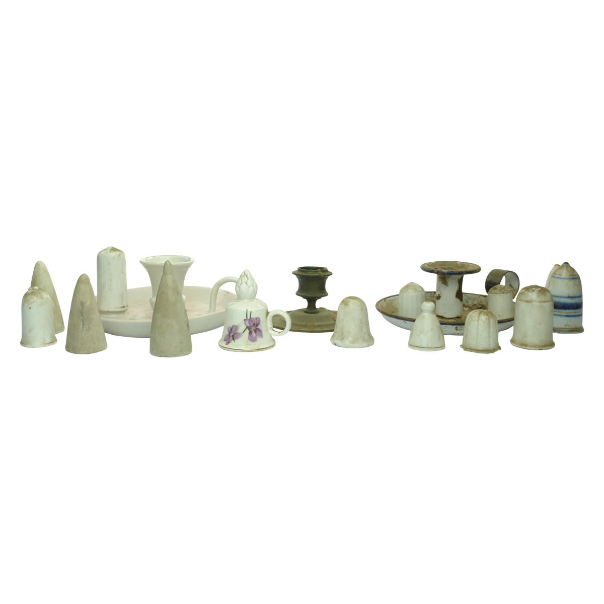 Miscellaneous. Three candle holders and 14 candle snuffers.
