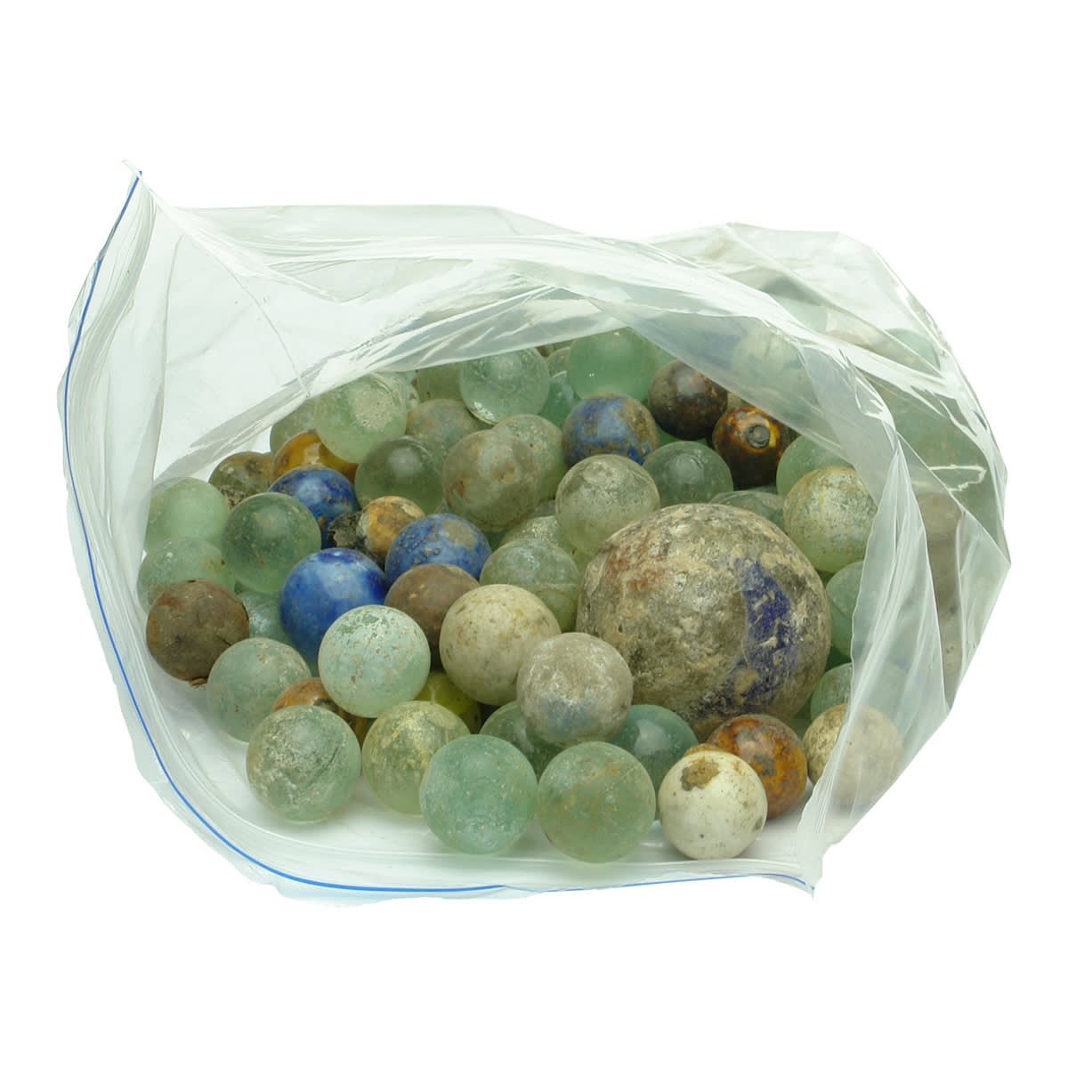 Toys. Bag full of marbles, including one about 45 mm diameter.
