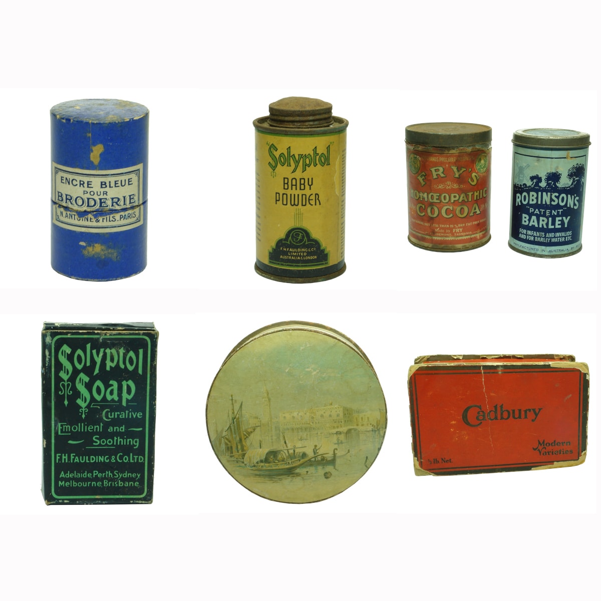 Miscellaneous. 1. Cardboard tube for N. Antoine & Fils, Paris Encre Blue Pour Broderie. 2. Solyptol Baby Powder, F. H. Faulding, Australia & London. Labelled tin. 3. Fry's Homoeopathic Cocoa labelled tin, Claremont, Tasmania. 1/2 Pound. 4. Robinson's "Patent" Barley, Reckitt & Colman, Sydney.  1/2 Pound. Labelled tin. 5. Solyptol Soap Package, Faulding, Adelaide, Perth, Sydney, Melbourne and Brisbane. 6. Cardboard Cadbury container depicting Venice like canal scene. 7. Cadbury Assorted Chocolates, Claremont, Tasmania Cardboard Box. 1/2 Pound.