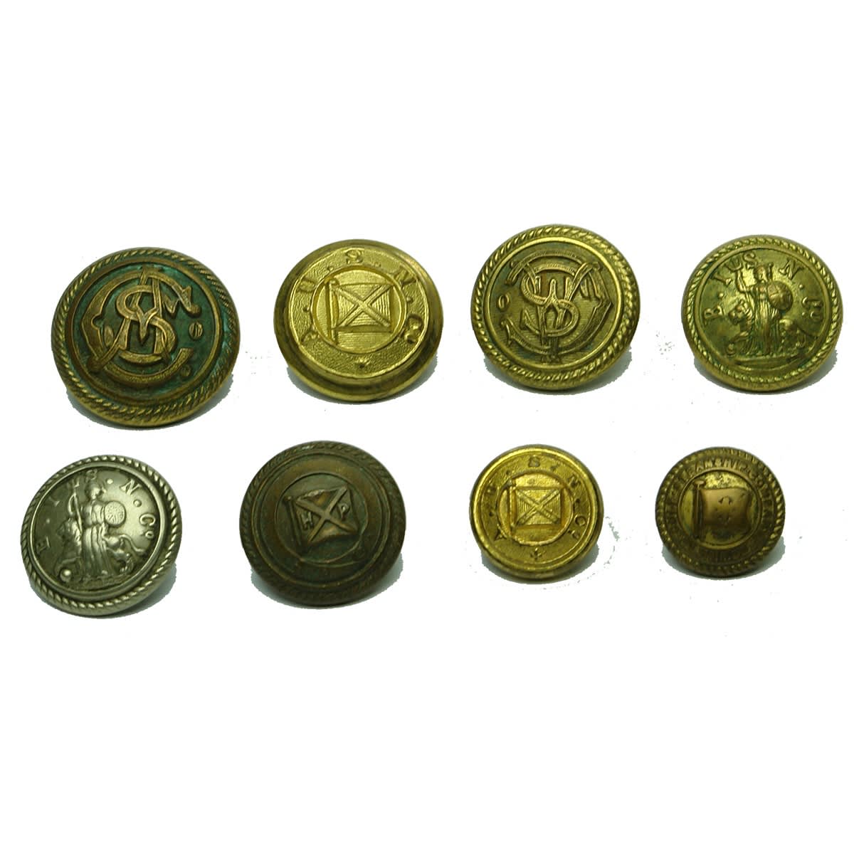 Shipping. Coat Buttons: 1. Brass A. S. Co button, made by Paisley's Ltd., Glasgow. 2. Brass A. U. S. N. Co button, made by E. Stillwell & Son Ltd., London. 3. Brass A. S. Co button, made by J. R. Gaunt & Son Ltd., London. 4. Brass B. I. S. N. Co button, no makers mark. 5. B. I. S. N. Co button, made by Baker & Co Ld., London. 6. Brass H. P. button, no makers mark. 7. Brass A. U. S. N. Co. button, made by E. Stillwell & Son Ltd. 8. Brass Gulf Steamship Company Limited button, made by Jenning, Glasgow.