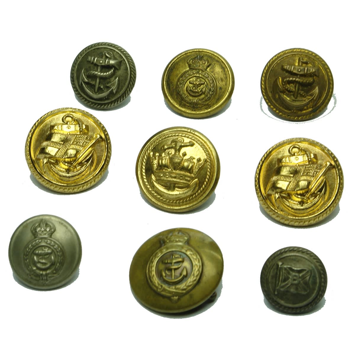 Shipping. Coat Buttons: 1. Small Button With Anchor. 2. Brass button with crown and anchor, made by Varcoe & Son, London. 3. Brass button with anchor, Extra Superb to rear. 4. Brass button with flag and anchor, made by Gaunt, London. 5. Brass button with crown and anchor, unreadable makers mark. 6. Brass button with flag and anchor, made by Gaunt, London. 7. Small button with crown and anchor, made by G. Haysom, London. 8. Brass button with crown and anchor, no makers mark. 9. Small button with flag, made by Lewis, Liverpool.