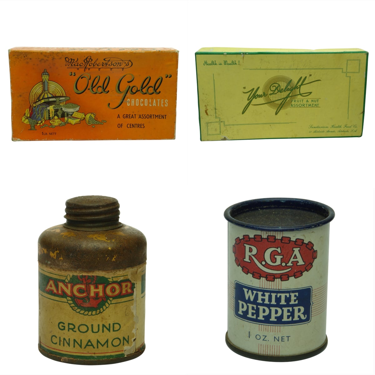 4 Boxes/Tins: MacRobertsons Old Gold Chocolates; Sanitarium Health Food Co Adelaide Chocolates; Anchor Ground Cinnamon, G. Wood Son & Co; R. G. A. Society White Pepper.