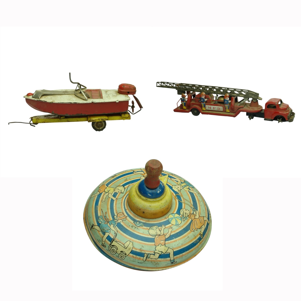 3 Toys: Japanese toy speed boat with trailer; Kokyu Friction Fire Engine; Large tin toy spinning top.