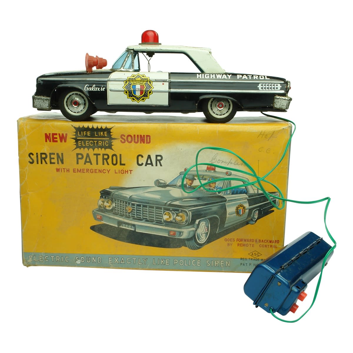 Toy. ASC Japan Siren Patrol Car with Emergency Light, Ford Galaxie Tin Toy Car. In original box. (Japan)
