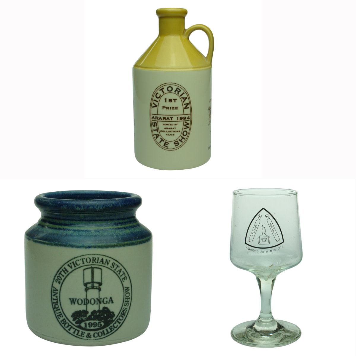 3 Show Trophies. Victorian State Show, Ararat 1994 Por Crock; .Victorian State Show Wodonga 1995, Brookfield Pottery Crock; Adelaide Historical Bottle Club Wine Glass.