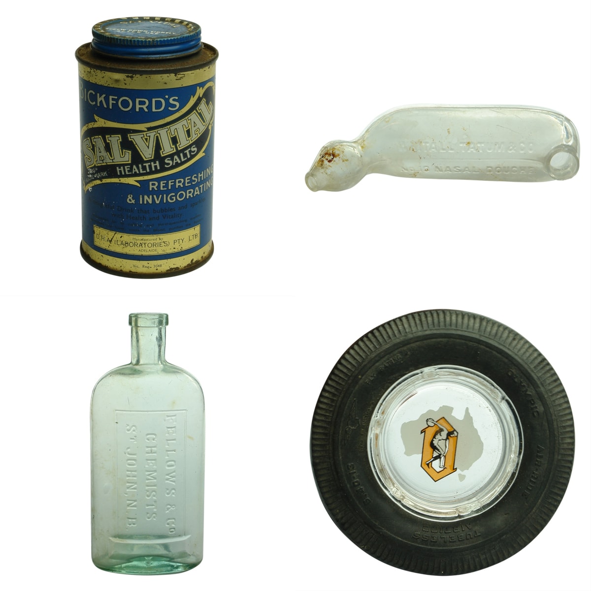 4 Items: Bickfords Salvital Tin; Whitall Tatum & Co Nasal Douche; Fellows & Co St John; Olympic Tyre advertising ashtray.