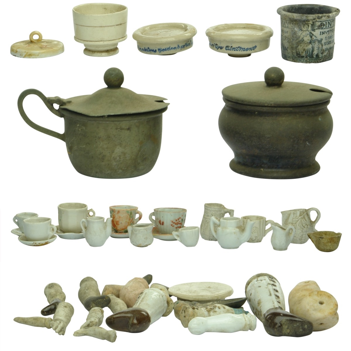 Miscellaneous. Bulk lot of dolls pieces, eye ointments, EPNS sugar pots, even a Holloway's Ointment Pot.