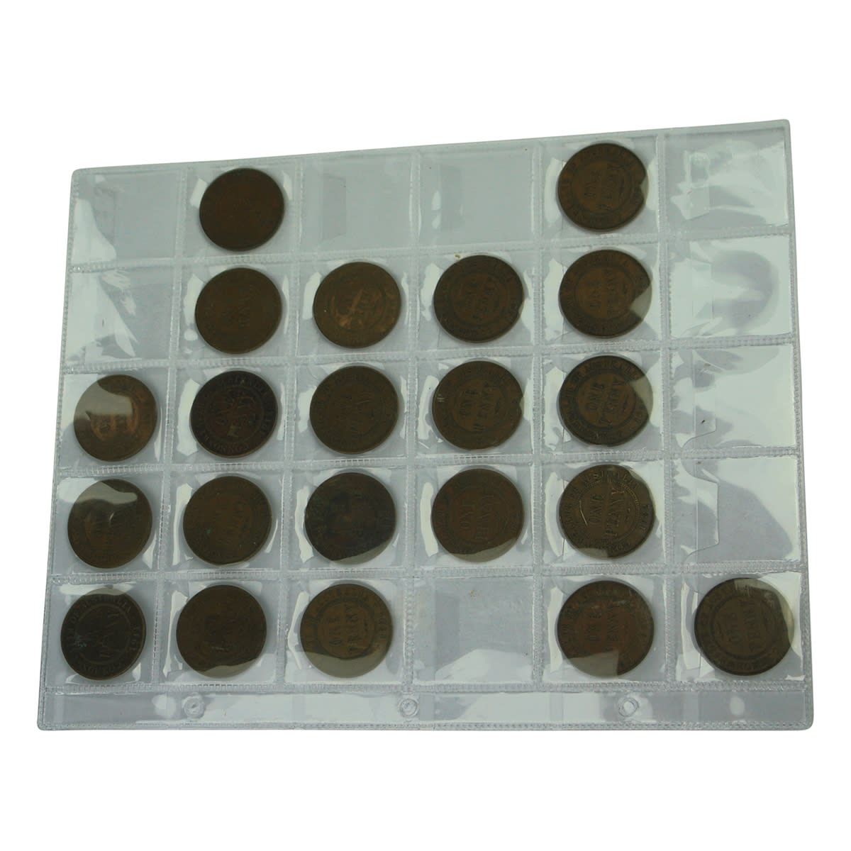 Numismatics. 21 early Australian Pennies: 1911, 1912, 1913, 1916, 1917, 1918, 1919, 1920, 1921, 1922, 1923, 1924, 1927, 1928, 1929, 1931, 1932, 1933, 1934, 1935, 1936.