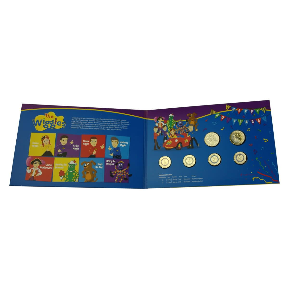 Numismatics. The Wiggles 30 Year Celebration, 2021 Coin Collection. 2 x uncirculated $1 coins and 4 x uncirculated $2 coins.
