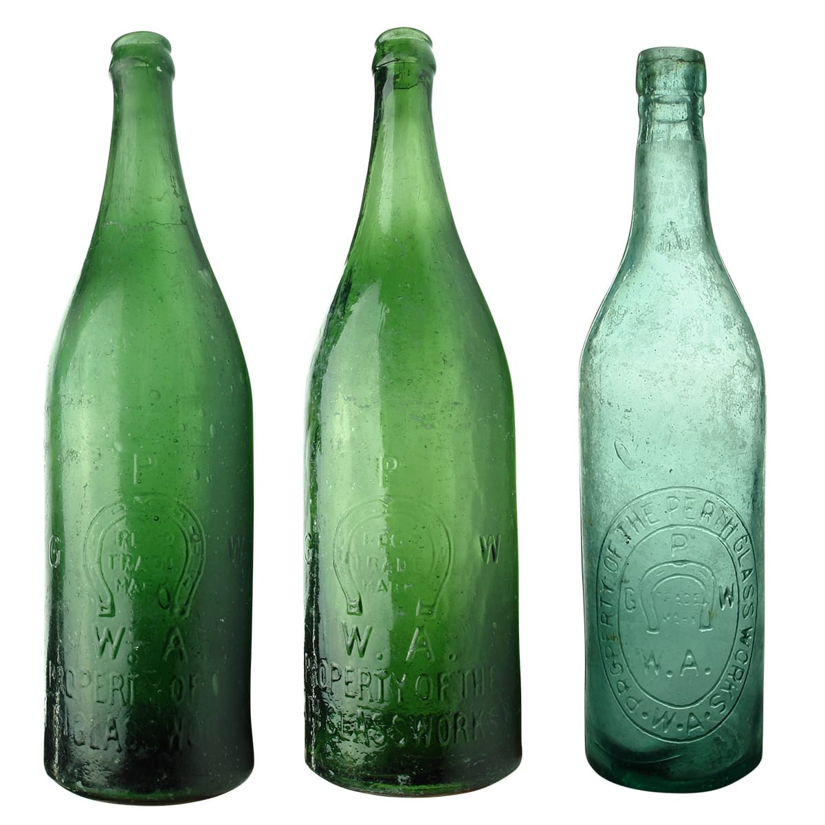 3 Perth Glassworks Bottles. 2 x Crown Seal Beers and Vinegar type. (Western Australia)
