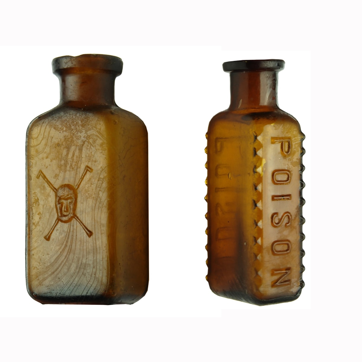 2 Small Poisons: Skull & Crossbones to front; Poison & Diamond Points to both thin sides. Both P. D. & Co (Parke Davis & Co) bases.