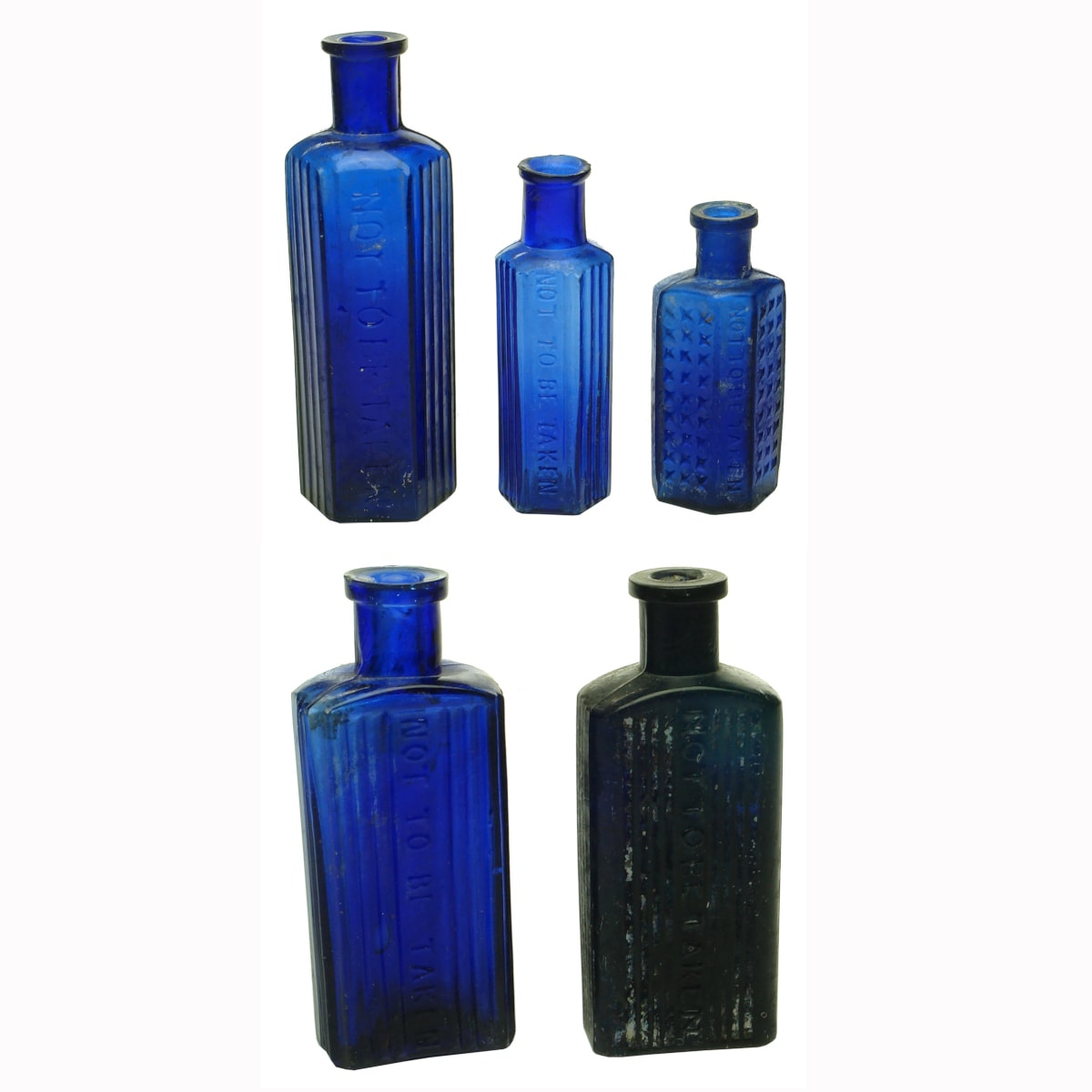 Poison. 1. Not To Be Taken. Cobalt. Hexagonal. 3 oz. 2. Not To Be Taken. Cobalt. Hexagonal. 1 oz. 3. Not To Be Taken. Cobalt. Irregular Hexagon. 1 oz. 4. Not To Be Taken. Cobalt. Rectangle. 2 oz. 5. Not To Be Taken. Dark Cobalt. Rectangle. 2 oz.