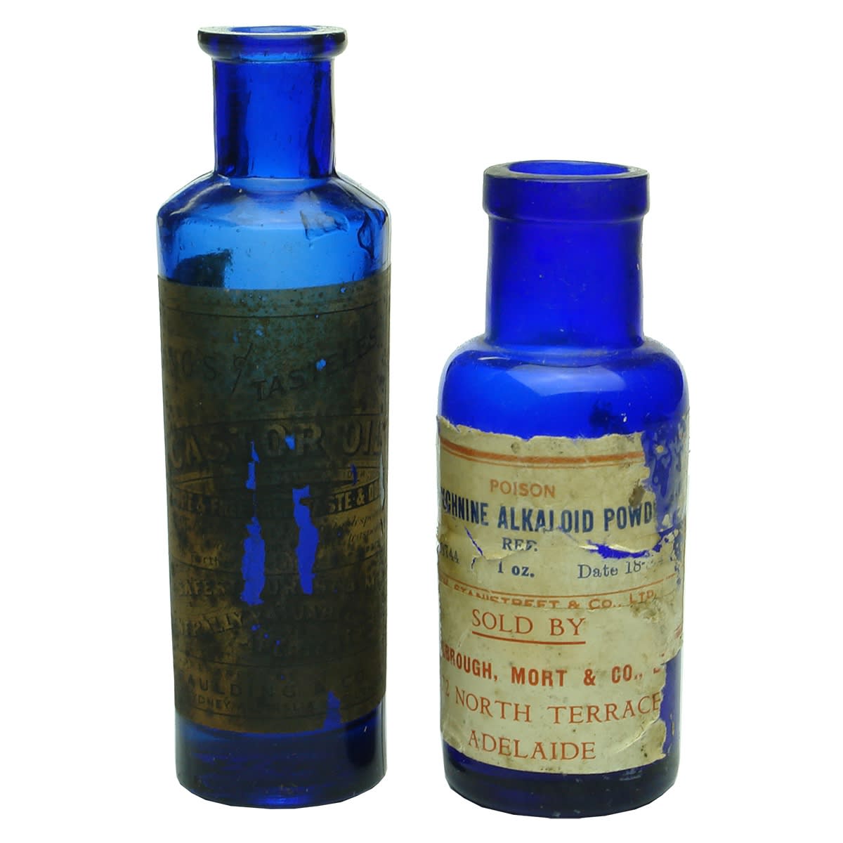 Poisons. Two cobalt round labelled bottles: 1. Faulding's Tasteless Castor Oil, Adelaide, Perth and Sydney. FBH base mark. 2. Goldsbrough, Mort & Co., Adelaide, Strychnine Alkaloid Powder. (South Australia)