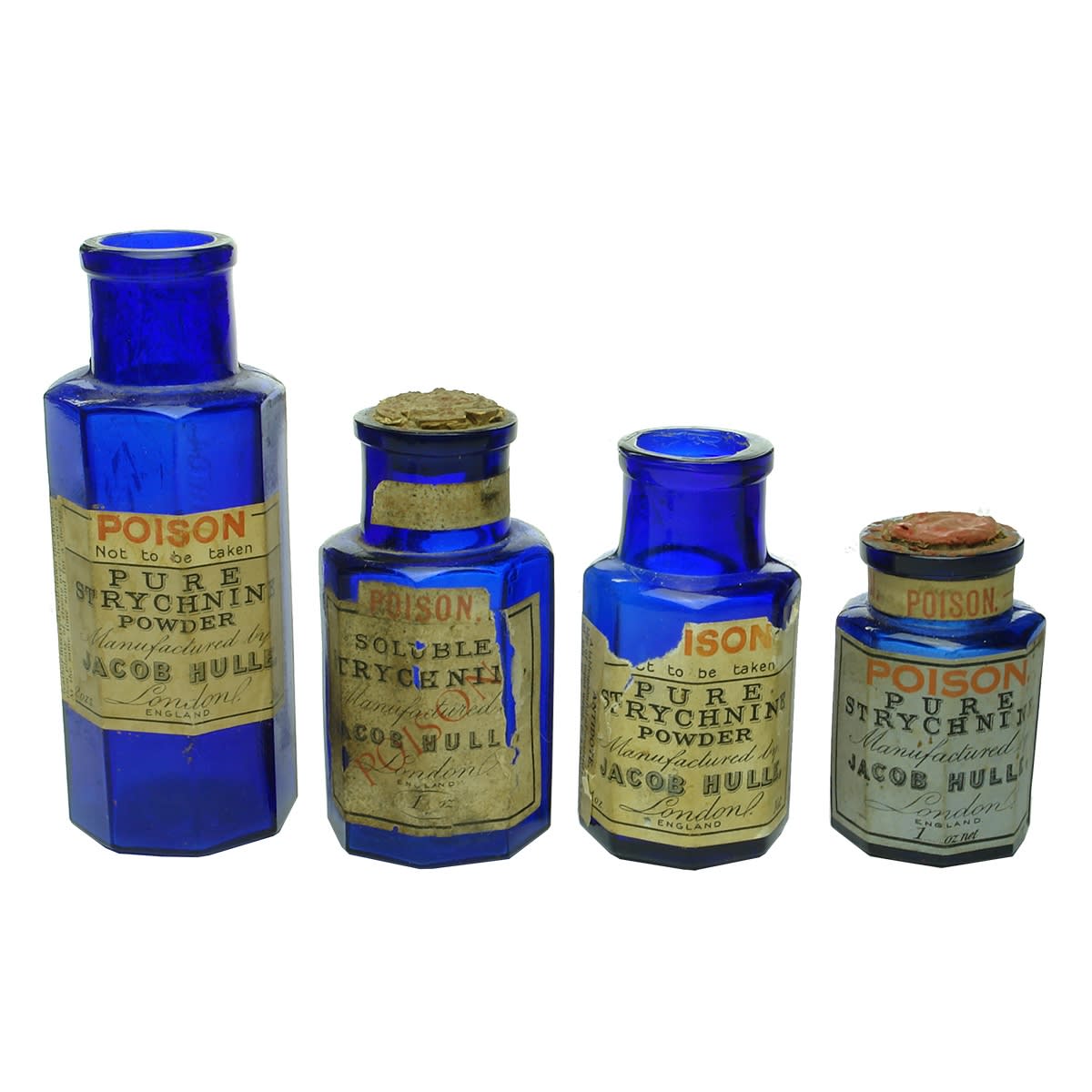 Poison. 4 x labelled Jacob Hulle, London cobalt jars in 3 sizes.