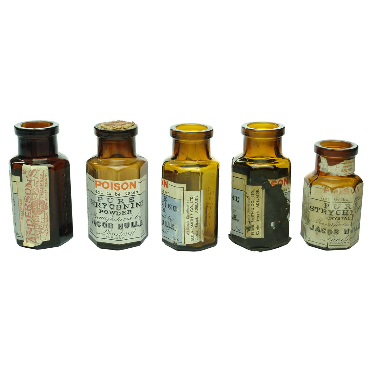 Poison. 5 x labelled Jacob Hulle, London amber jars, one with Anderson's Jeparit Pharmacy label, two with Elder, Smith & Co. Ltd., Adelaide labels.