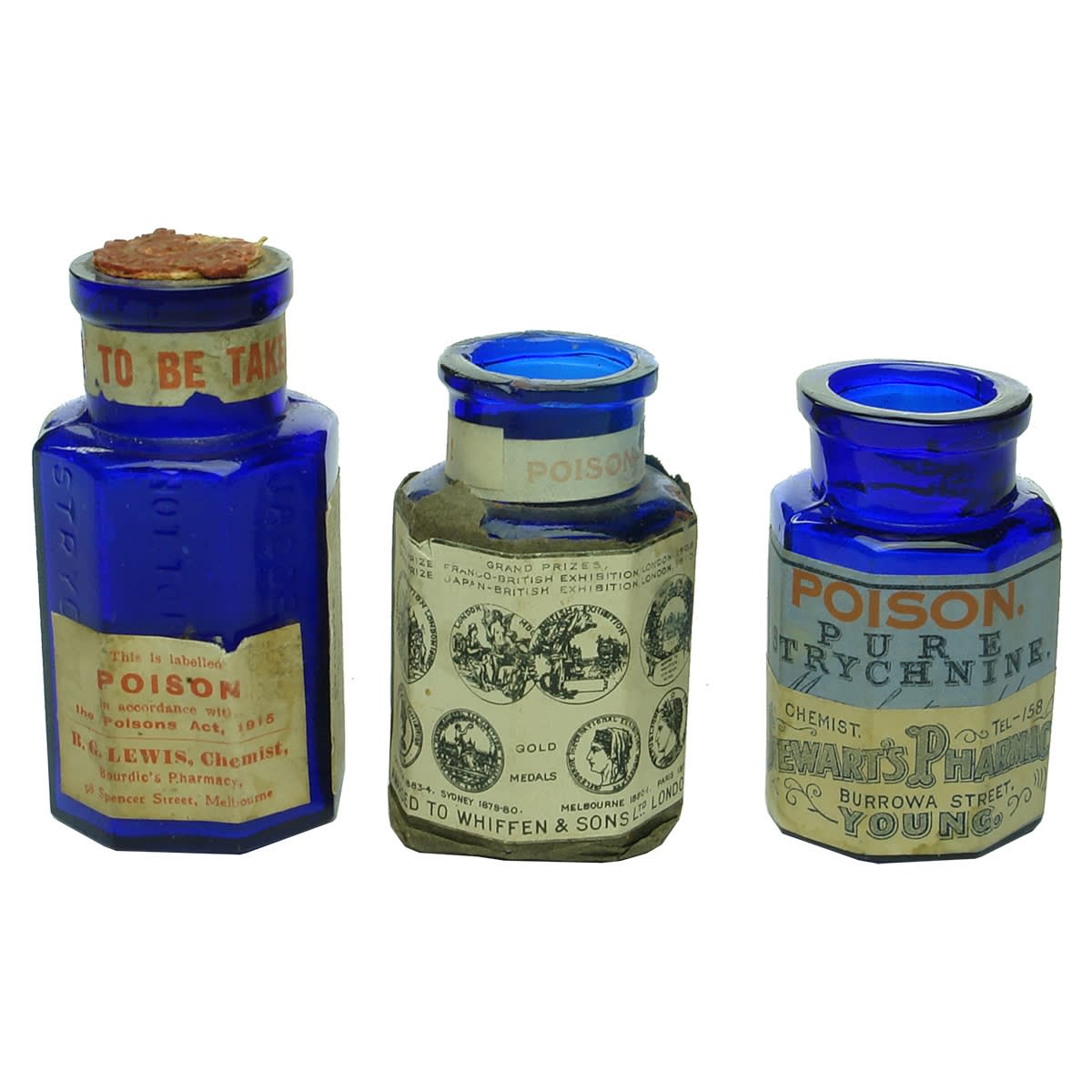 Poison. 3 x labelled Jacob Hulle, London cobalt jars, one with H. G. Lewis, Bourdic's Pharmacy, Melbourne label, one with Whiffen & Sons, Ltd London wrapping with prize medals, and one with Stewart's Pharmacy, Young label.