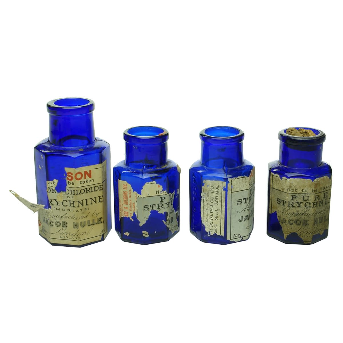 Poison. 4 x labelled Jacob Hulle, London cobalt jars, one with Grimwade & Duerdins Ltd., Melbourne label, one with Elder, Smith & Co. Ltd., Adelaide label.