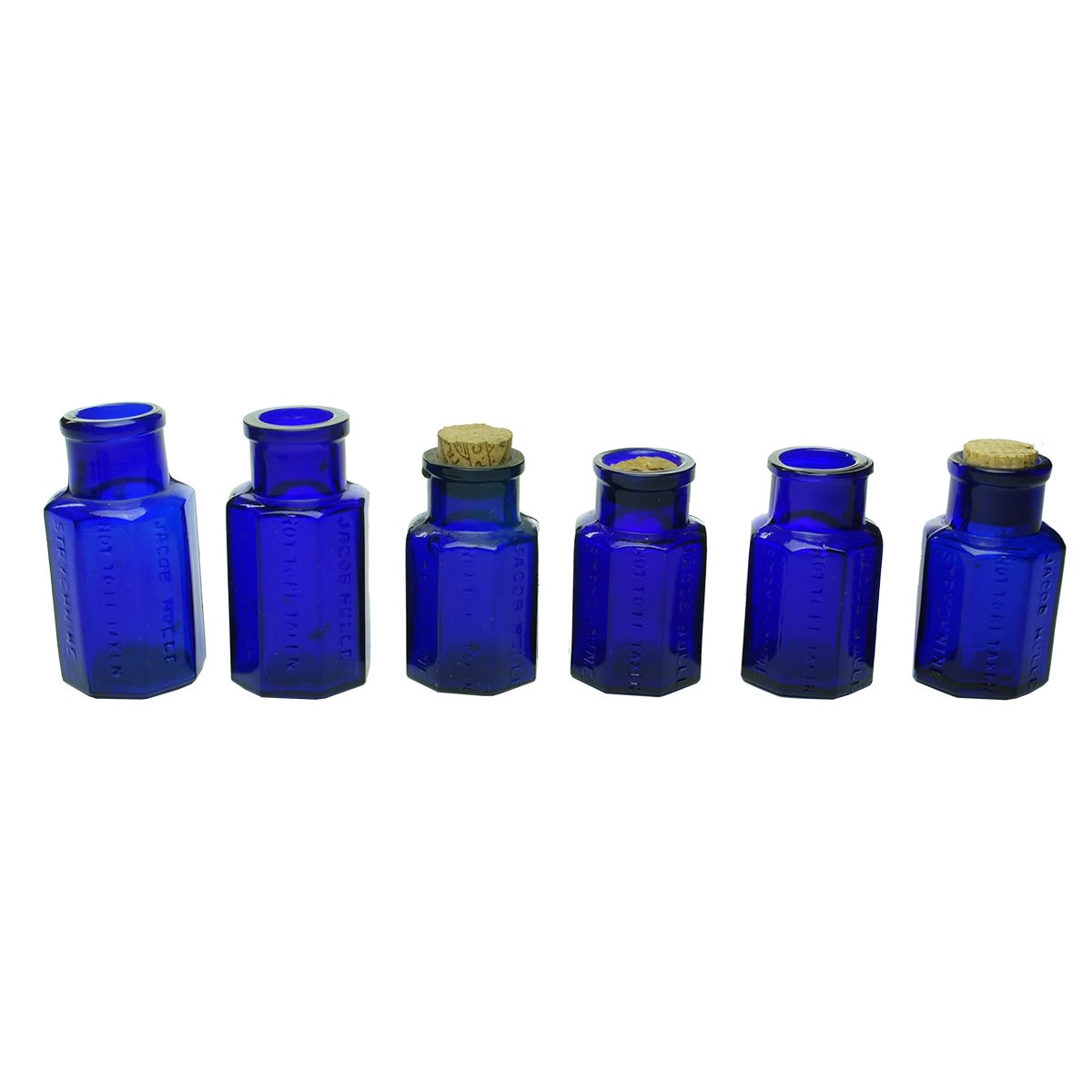 Poison. 6 x cobalt Jacob Hulle, Strychnine jars.