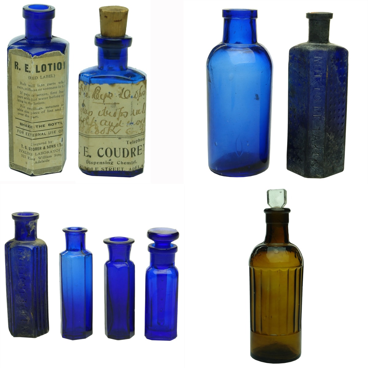 9 Poisons. T. G. Storer & Sons Ltd., Ivaline Laboratories, Adelaide; J. E. Coudrey, Rundle St; 6 various blue poisons; Amber poison.