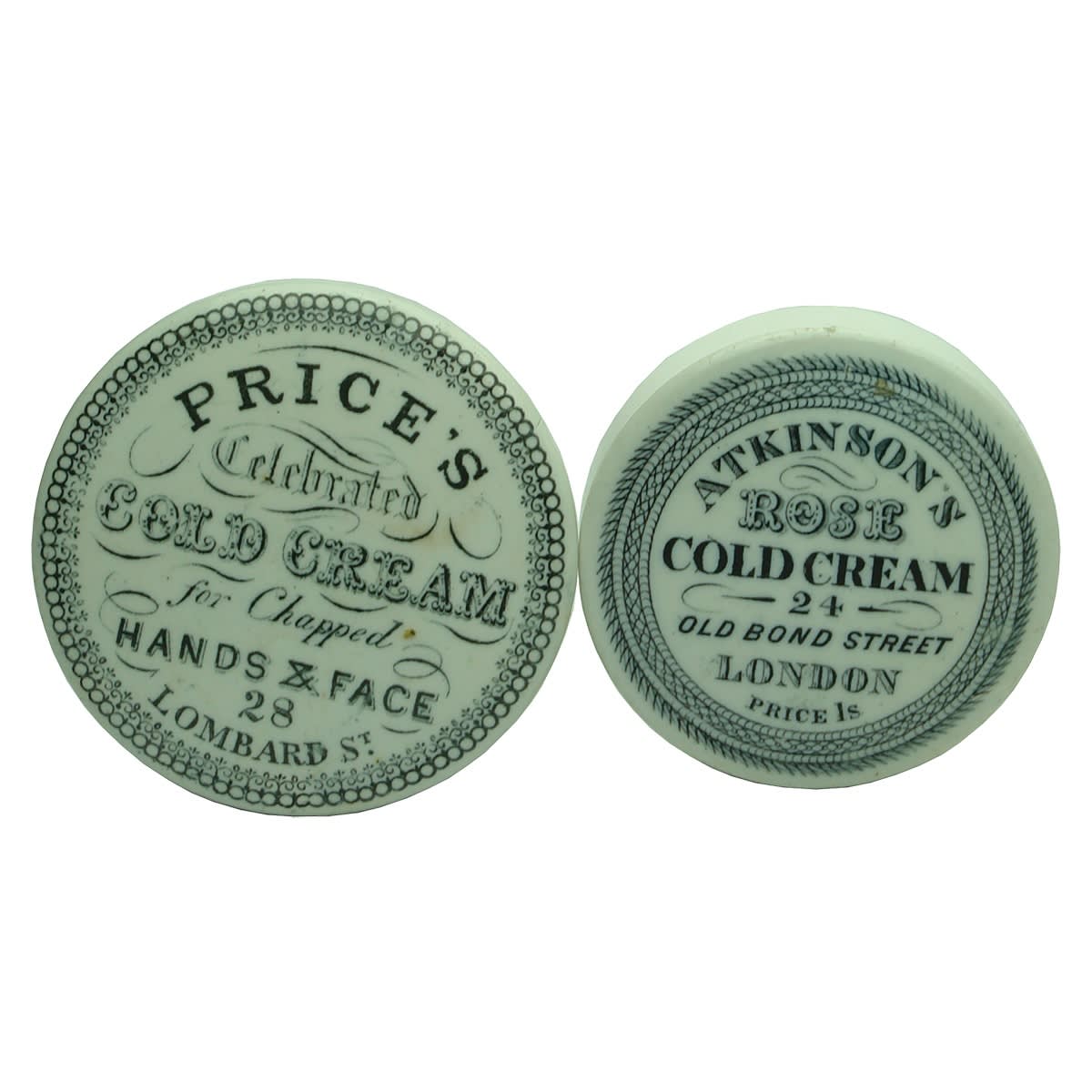 2 Cold Cream Pot Lids: Price's, 28 Lombard St; Atkinson's Rose, 24 Old Bond Street.