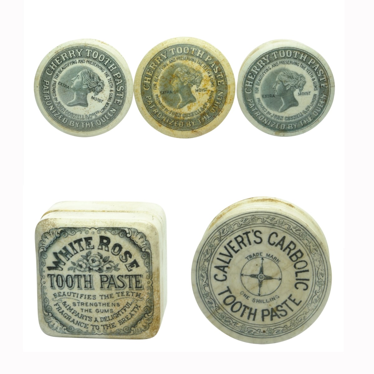 5 Pot Lids: 3 x John Gosnell London Black & White Queens Heads; White Rose Tooth Paste; Calvert's Carbolic Tooth Paste 1 shilling.