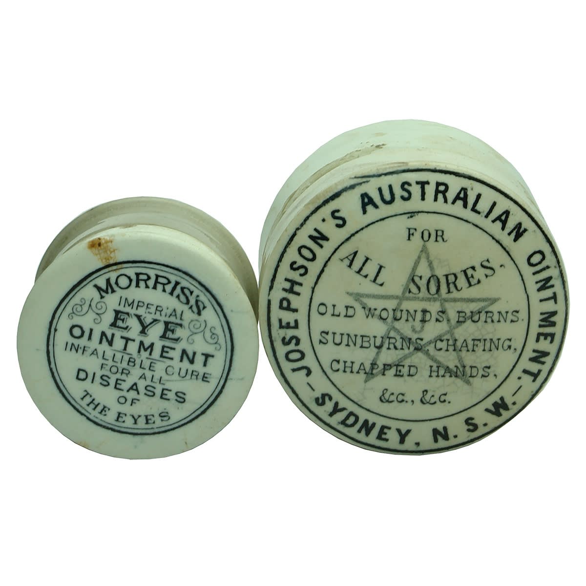 2 Australian Pot Lids with Bases: Josephson's Australian Ointment, Sydney; Morris's Imperial Eye Ointment (Melbourne).