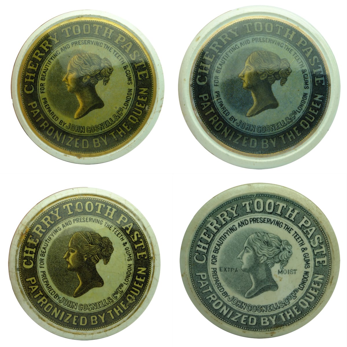 4 Pot Lids. Different variations of John Gosnell & Co (and John Gosnell & Co Ltd) Cherry Tooth Paste. Queens Head Pot Lids. Coloured & Black & White.