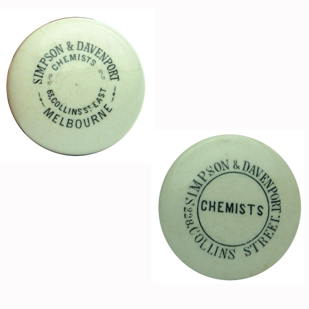 2 Australian Button Lids / Jar Caps: Simpson & Davenport 63, Collins St East, Melbourne; Simpson & Davenport, 228, Collins Street. (Victoria)