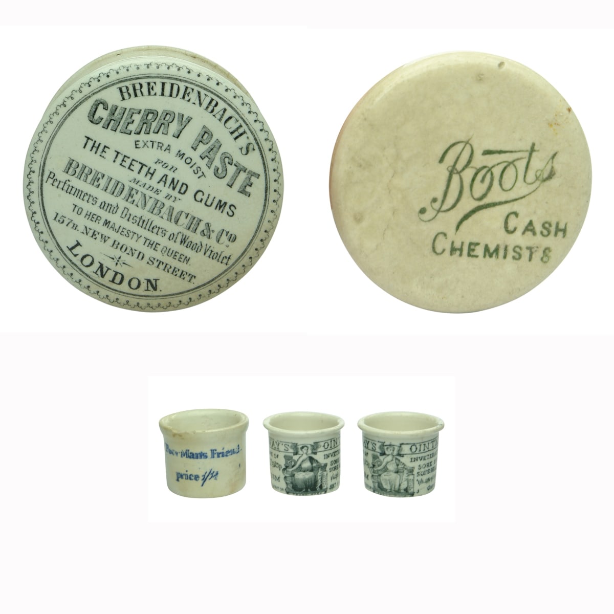 Pot Lids/Pots: 1. Breidenbach's Cherry Paste, London. 2. Boots Cash Chemists. Lid from a pot. Green print. 3. Poor Man's Friend Pot, Beach & Barnicott, Dr Roberts, Bridport. 4. Holloway's Ointment Pot, 533 Oxford St, London. 5. Holloway's Ointment Pot, 533 Oxford St, London. (United Kingdom)