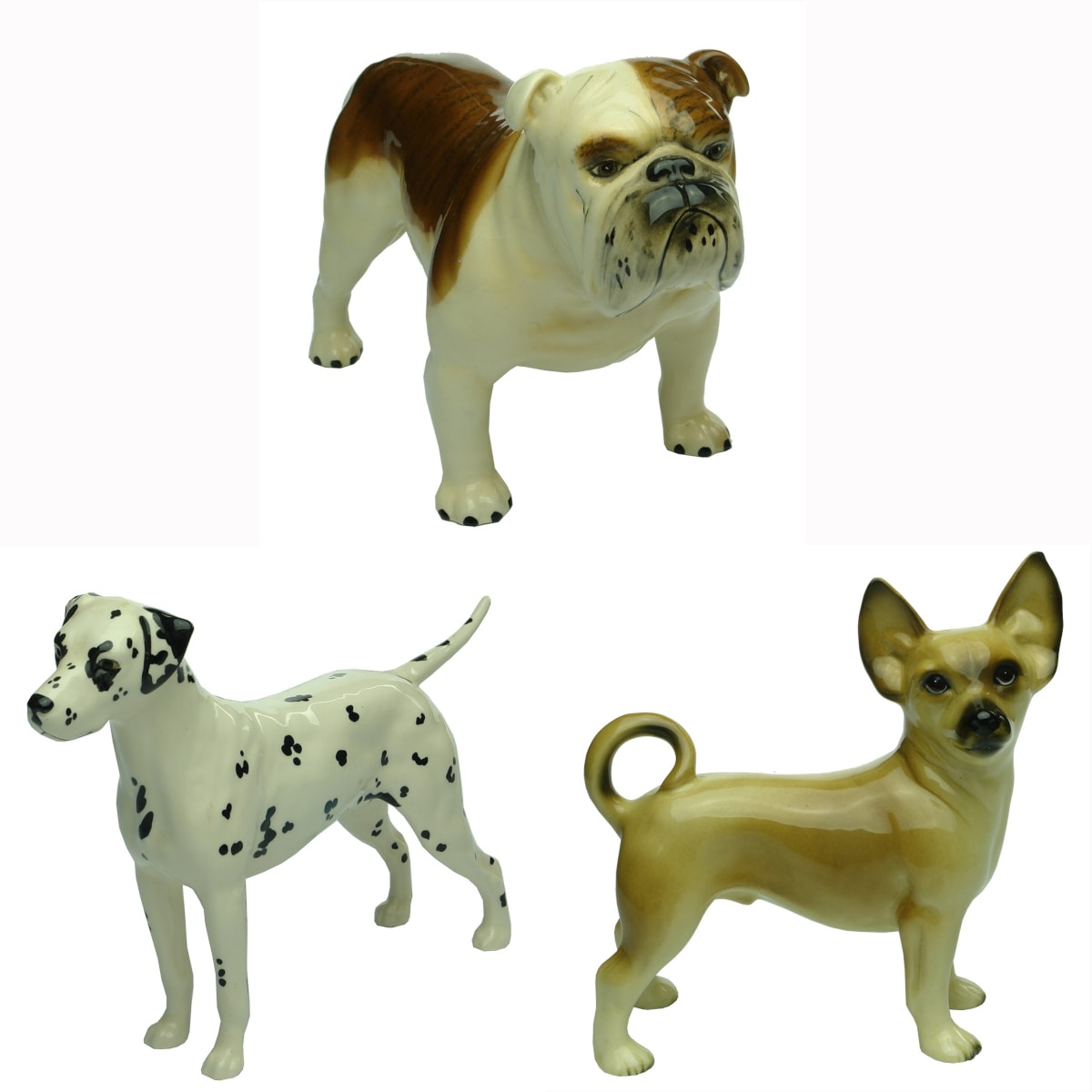 3 Ceramic Dog Statues: Bulldog; Dalmation and a Chihuahua. Coopercraft. Beswick.