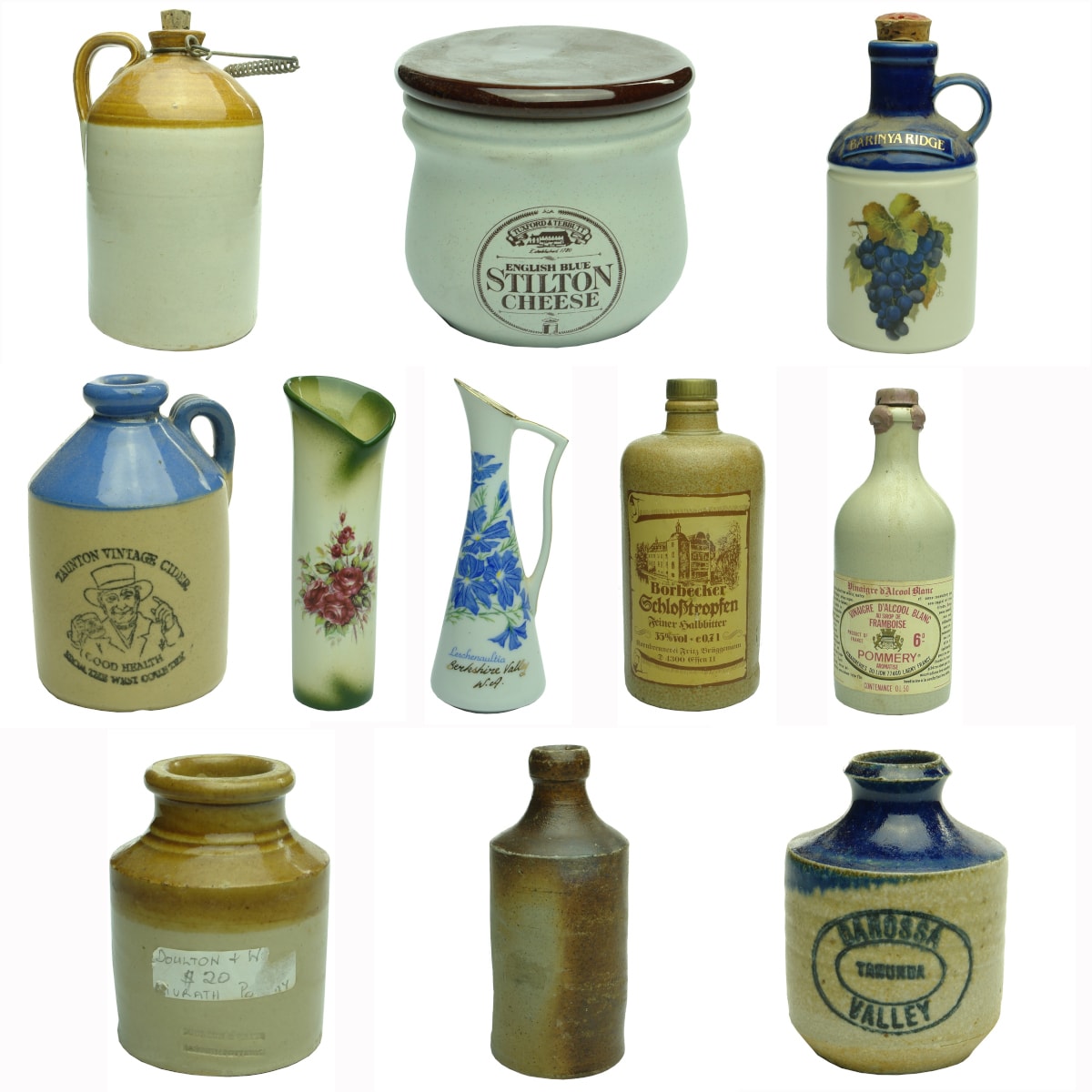 11 Pottery Items: Half Gallon Demijohn; Stilton Cheese Pot; Barinya Ridge mini Crock; Cider; Vases; Cheese Jar; Plain Ginger Beer...Etc. (Not for post. Pickup only)