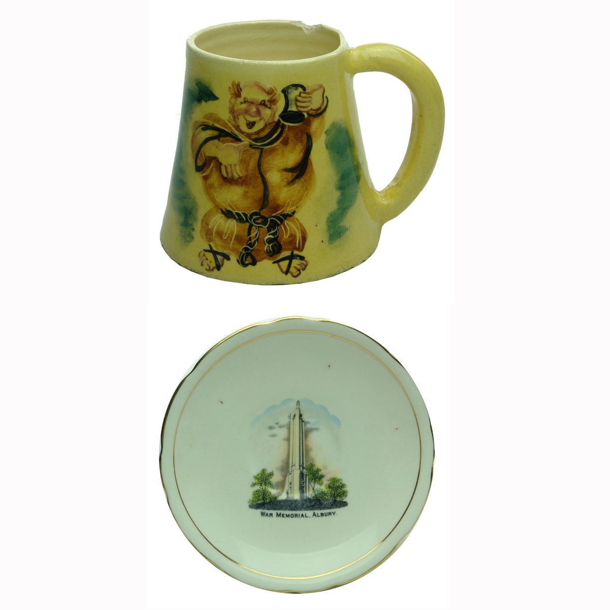 2 Ceramic Items: Martin Boyd hand decorated Mug. Signed to the base. Souvenirware saucer for the War Memorial Albury.