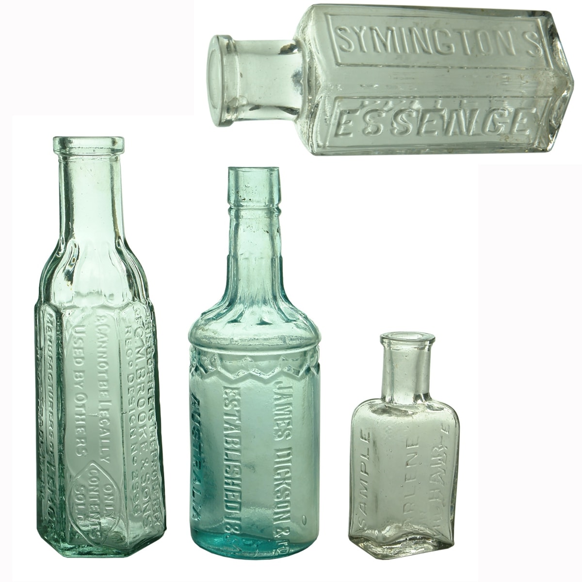 4 Sample Bottles: C. M. Brooke & Sons Lemos; James Dickson & Co; Harlene for the Hair; Symington's Essence of Coffee.