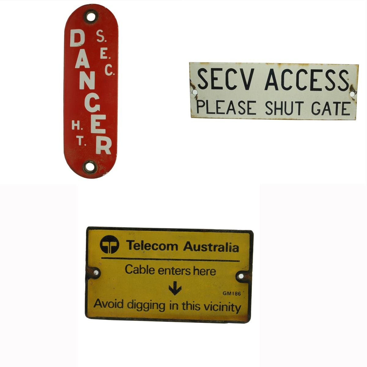 3 Enamel Signs: S. E. C. Danger H. T; SECV Access Please Shut the Gate; Telecom Australia, Cable enters here, Avoid digging in this vicinity.